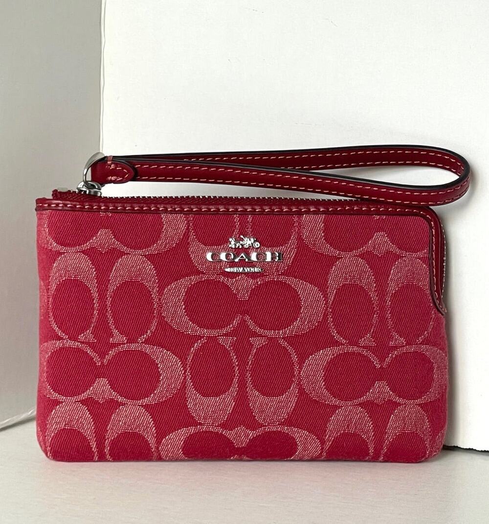 Coach CDF27 Signature Denim True Red Corner Zip Wristlet